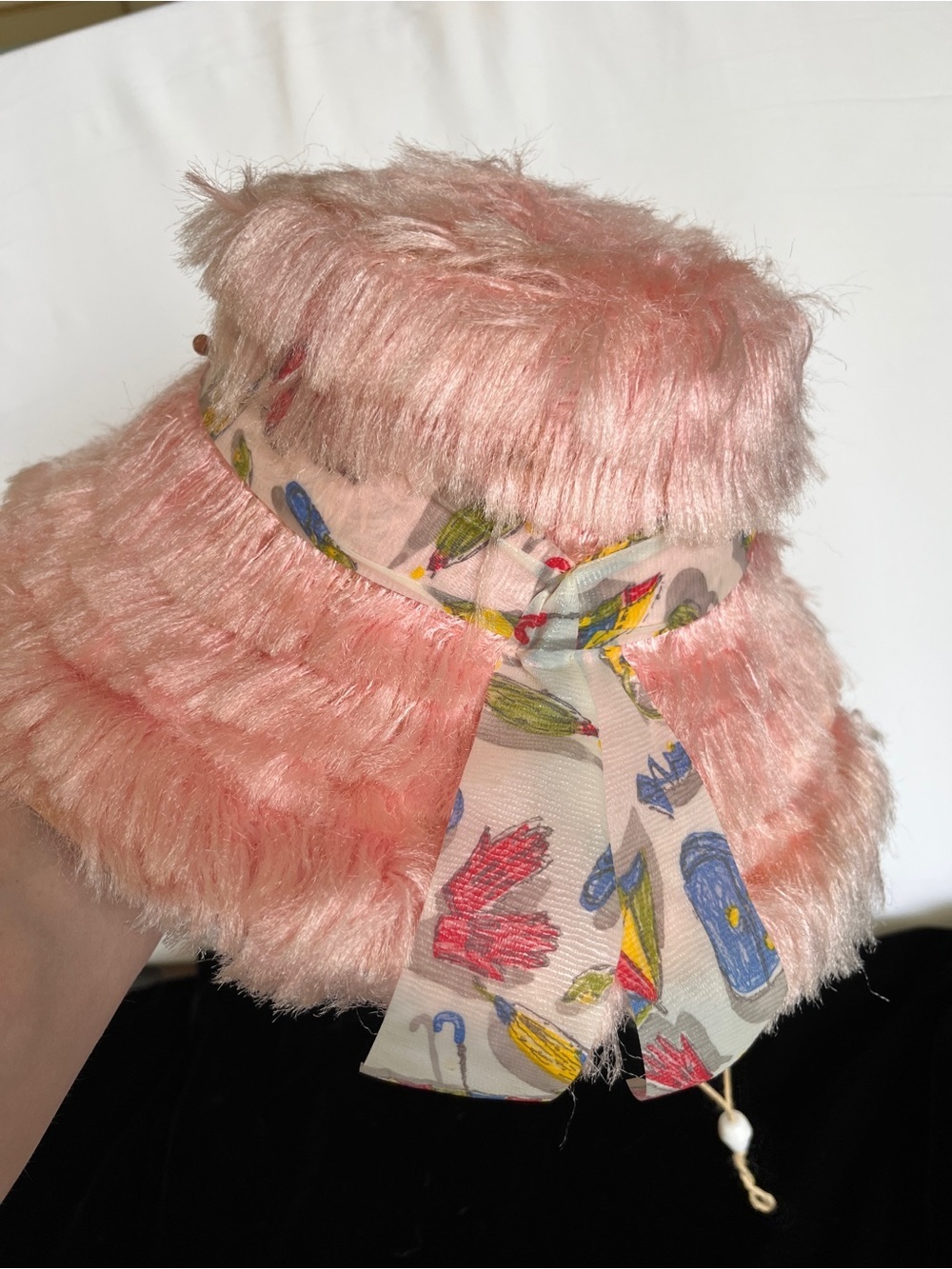 RARE Vintage 1950s PINK Mohair Fringe Tiki Summer Straw Sun Hat - Made in Italy